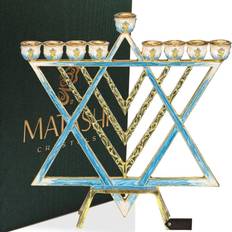 Gold Candle Holders Painted Blue Enamel Menorah with a Star of David Design Embellished with Accents Candle Holder