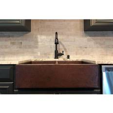 Bronze Kitchen Sinks Copper 33" Hammered Copper Apron Front 50/50 Double Basin