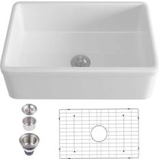 Kitchen Sinks Eridanus White Ceramic Single Bowl Farmhouse Apron Kitchen Sink with Grid Strainer