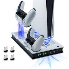 Vertical PS5 Cooling Charger Stand Multifunctional LED Cooling Station with Dual Controller Charging for PS5 UHD/Digital Edition White/Black