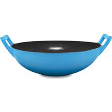 Blue Wok Pans Bruntmor Cast Iron Enameled 14-inch Loop