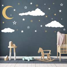 Gold Interior Decorating Moon, Stars and Clouds Wall Decals, Kids Wall Decoration, Nursery