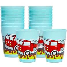 16 oz plastic tumbler cups, fire truck birthday party supplies blue, 16 pack