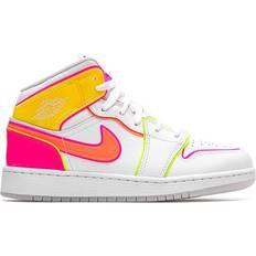 Jordan White Trainers Jordan Jordan 1 Mid Edge Glow GS - White/Hyper Crimson/Pink Blast/Lemon Venom