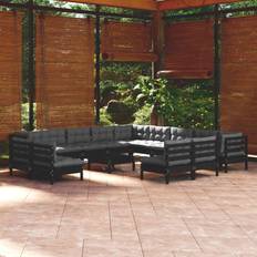 vidaXL Muebles Jardín 14 Pzas Con Cojines Negro Madera Maciza Pino Conjunto de Sala de Exterior