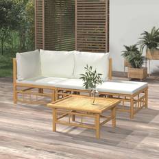 vidaXL 4 Pcs Garden Living Room Set con cojines crema bambú blanco Conjunto de Sala de Exterior