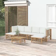 vidaXL Jardin 7 Pcs Avec Coussins Blanc Crème Bambou Ensemble de Salon d'Extérieur