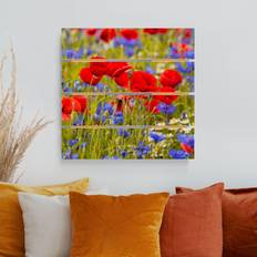 Planken & Balken Holzbild Plankenoptik Sommerwiese mit Mohn und Kornblumen