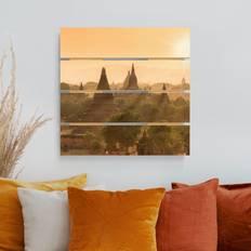 Planken & Balken Holzbild Plankenoptik Sonnenuntergang über Bagan