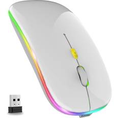 Gaming Mice GLOBAL TECH LED Wireless Mouse, Slim Rechargeable Wireless Silent Mouse, 2.4G Portable USB Optical Wireless Cordless Mice with USB Receiver for Laptop, PC, Computer, Mac (White)