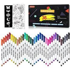 Shuttle Art 36 Colours Fabric Pens Permanent for Clothes, Fine Tip Permanent Fabric Markers for T-shirt, Shoes with 13 Stencils 1 Fabric Sheet, N