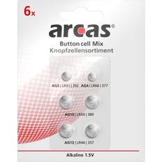 Arcas knopfzellen 6tlg alkaline 1,5v 1x ag3 1x ag4 2x ag10 2x ag13