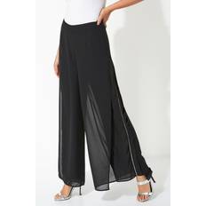 Roman Diamante Side Split Chiffon Trousers - Black