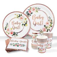 Baby Shower Disposable Plates White Teller und Servietten für Babyparty, Dekoration für Babys, Mädchen, 25 Portionen mit Roségoldfolie, rosa Blumenmuster, Pappteller, Servietten, Dessertteller, Einwegbecher, Teeparty-Zubehör