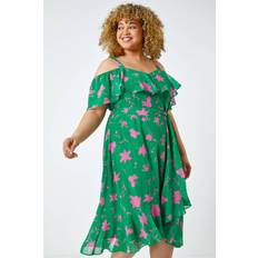Roman Curve Floral Cold Shoulder Frill Dress