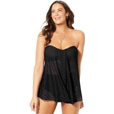 Swimsuits For All Plus Women's Longer Length Bandeau Flyaway Tankini Top in Black Size 14