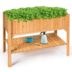 Pots Costway 47 22.5 35.5 Natural Fir Wood Rectangular Raised Bed Elevated Planter Box Shelf