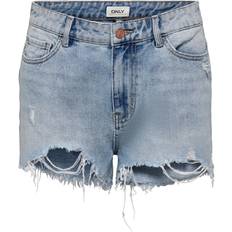 Cotton - Women Shorts Only Regular Fit High Waist Raw Hems Shorts - Blue /Light Blue Denim