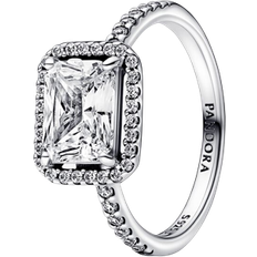 Silver - Solitaire Rings Pandora Rectangular Sparkling Halo Ring - Silver/Transparent