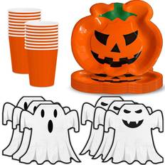 Halloween Plates, Cups & Cutlery Halloween party supplies serving 24 pumpkin shaped plates, ghost napkins, cups