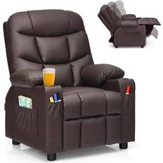 Kid's Room Costway Kids Youth Recliner Chair PU Leather w/Cup Holders & Side Pockets Brown