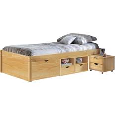 Inter Link Cama Con Almacenaje Y Mesita De Noche Con Ruedas En Pino Macizo Acabado Natural