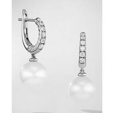 Earrings David Yurman Pearl and Pave Drop Earrings with Diamonds in Silver, 9mm, 0.6"L