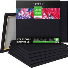 Arteza 12x12 inch black stretched canvas for painting, pack of 8, primed, 100%