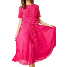 Roman Lace Top Overlay Pleated Midi Dress - Cerise