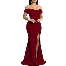Women's Off Shoulder High Split Evening Gown - Wine Red