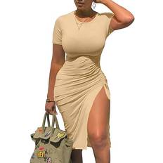 Gokatosau Women's Sexy Bodycon Midi Dress - Camel