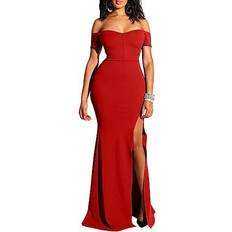 Women's Off Shoulder High Split Evening Gown - Red