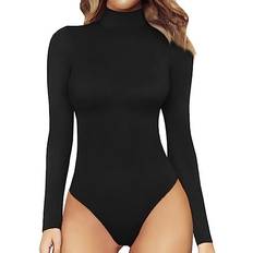 Mangopop Women's Mock Turtle Neck Long Sleeve Tops Bodysuit - Black