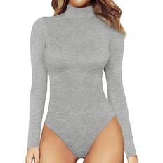 Long Sleeves Bodysuits Mangopop Women's Mock Turtle Neck Long Sleeve Tops Bodysuit - Light Heather Grey