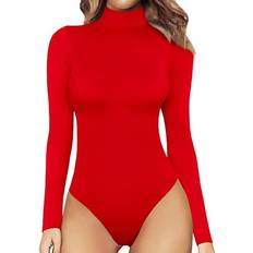 Mangopop Women's Mock Turtle Neck Long Sleeve Tops Bodysuit - Red