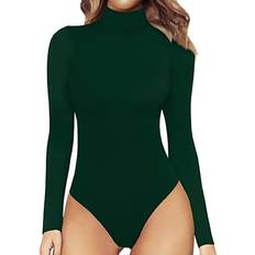 Mangopop Women's Mock Turtle Neck Long Sleeve Tops Bodysuit - Deep Green