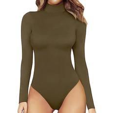 Mangopop Women's Mock Turtle Neck Long Sleeve Tops Bodysuit - Army Green