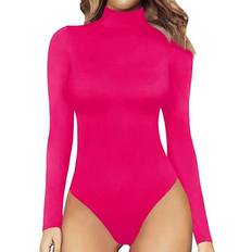 Long Sleeves Bodysuits Mangopop Women's Mock Turtle Neck Long Sleeve Tops Bodysuit - Rose Pink