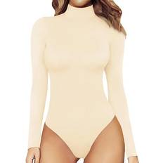 Long Sleeves Bodysuits Mangopop Women's Mock Turtle Neck Long Sleeve Tops Bodysuit - Beige