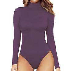 Long Sleeves Bodysuits Mangopop Women's Mock Turtle Neck Long Sleeve Tops Bodysuit - Lavender