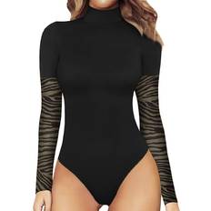 Long Sleeves Bodysuits Mangopop Women's Mock Turtle Neck Long Sleeve Tops Bodysuit - Patchwork Mesh Sleeve