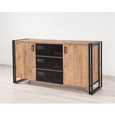 LOTO LIVING Buffet 2 Portes 3 Tiroirs Style Industriel Bois Chêne Clair Et Métal Noir Dukita 160 cm Table Console