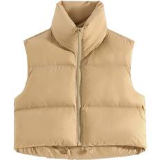 Cropped Vests Fuinloth Women's High Stand Collar Lightweight Zip Crop Puffer Gilet - Khaki