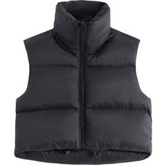 Cropped Vests Fuinloth Women's High Stand Collar Lightweight Zip Crop Puffer Gilet - Black