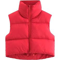 Cropped Vests Fuinloth Women's High Stand Collar Lightweight Zip Crop Puffer Gilet - Red