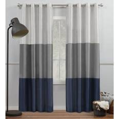 Chateau Navy Blue Grey Striped Faux Silk Curtain 54 x 96