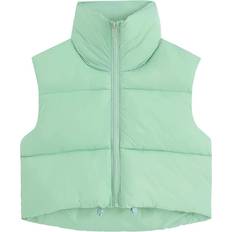 Cropped Vests Fuinloth Women's High Stand Collar Lightweight Zip Crop Puffer Gilet - Grayish Green