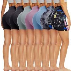 Tnnzeet High Waisted 5” Biker Shorts 7-pack - Black/Black/Light Grey/Thistle/Sky Blue/Grey Tie Dye/Artist Splash