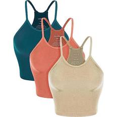 Ododos Washed Seamless Rib-Knit Camisole Crop Tank Tops - Beige/Coral/Teal