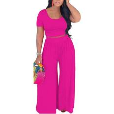 High Waist - Women Jumpsuits & Overalls BffBaby Backless Short Sleeve Crop Top High Waist Wide Leg Long Pant Set - Rose Red